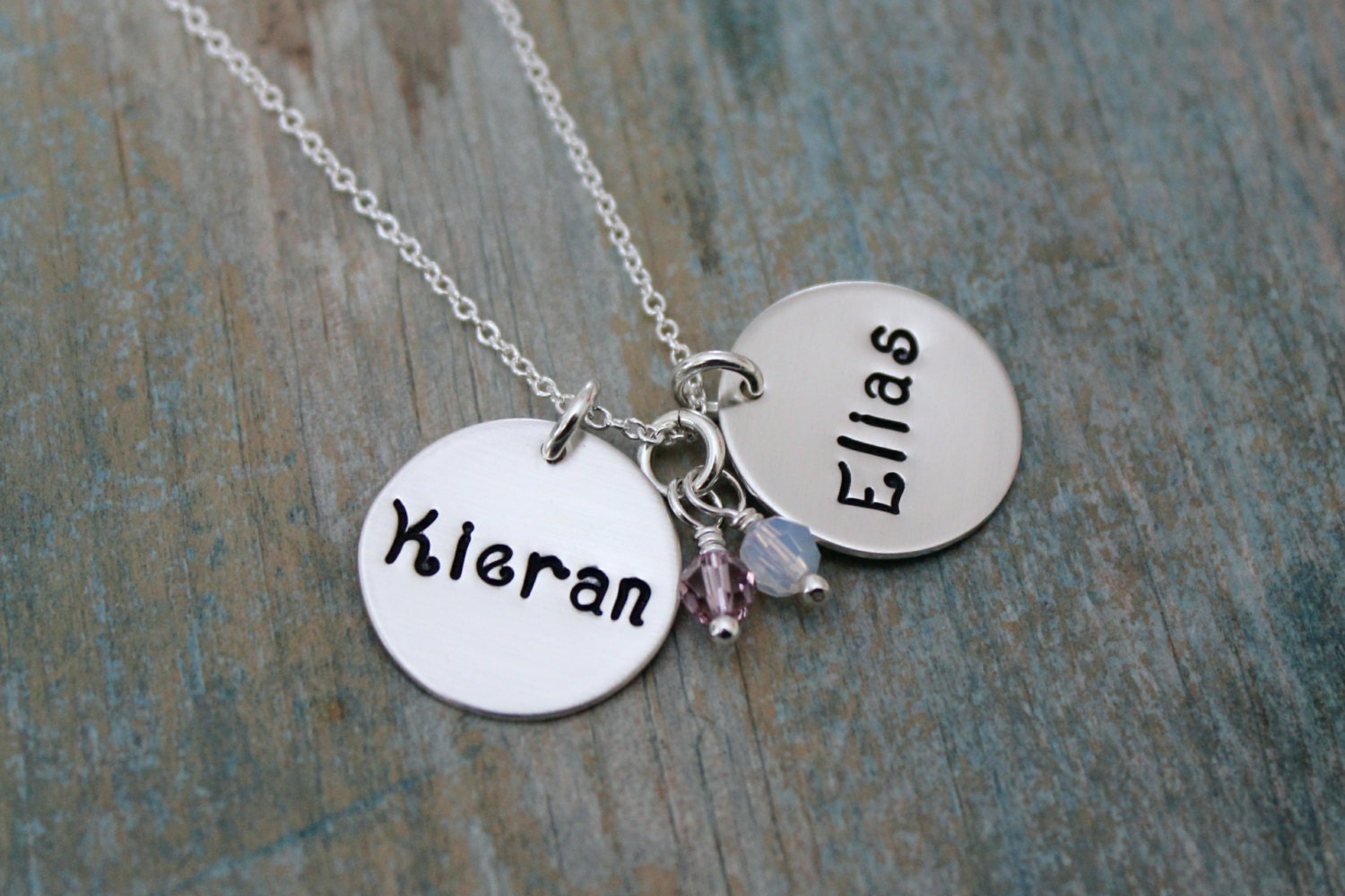 Personalized name necklace with birthstones - two sterling silver discs, crystal, custom and handmade - mother gift