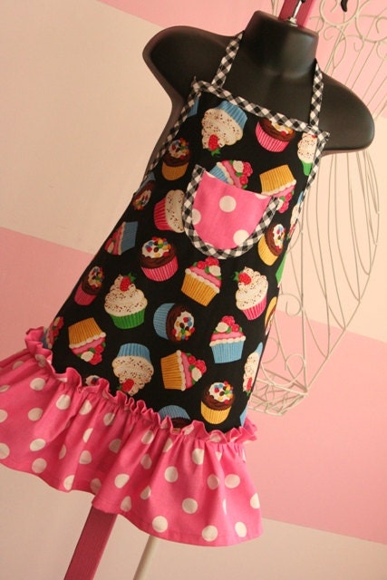 Kids Ruffle Apron - Black & Pink Cupcake - Size 4-6