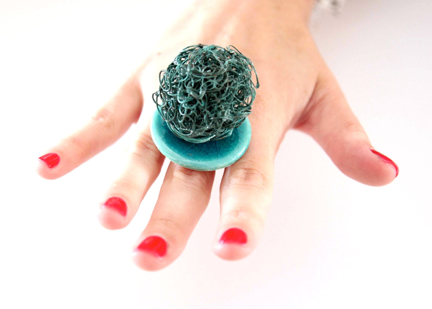 Industrial Couture Statement Ring - big bold handmade adjustable ceramic and patina copper cocktail ring - TOP THIS - 1.6 inch