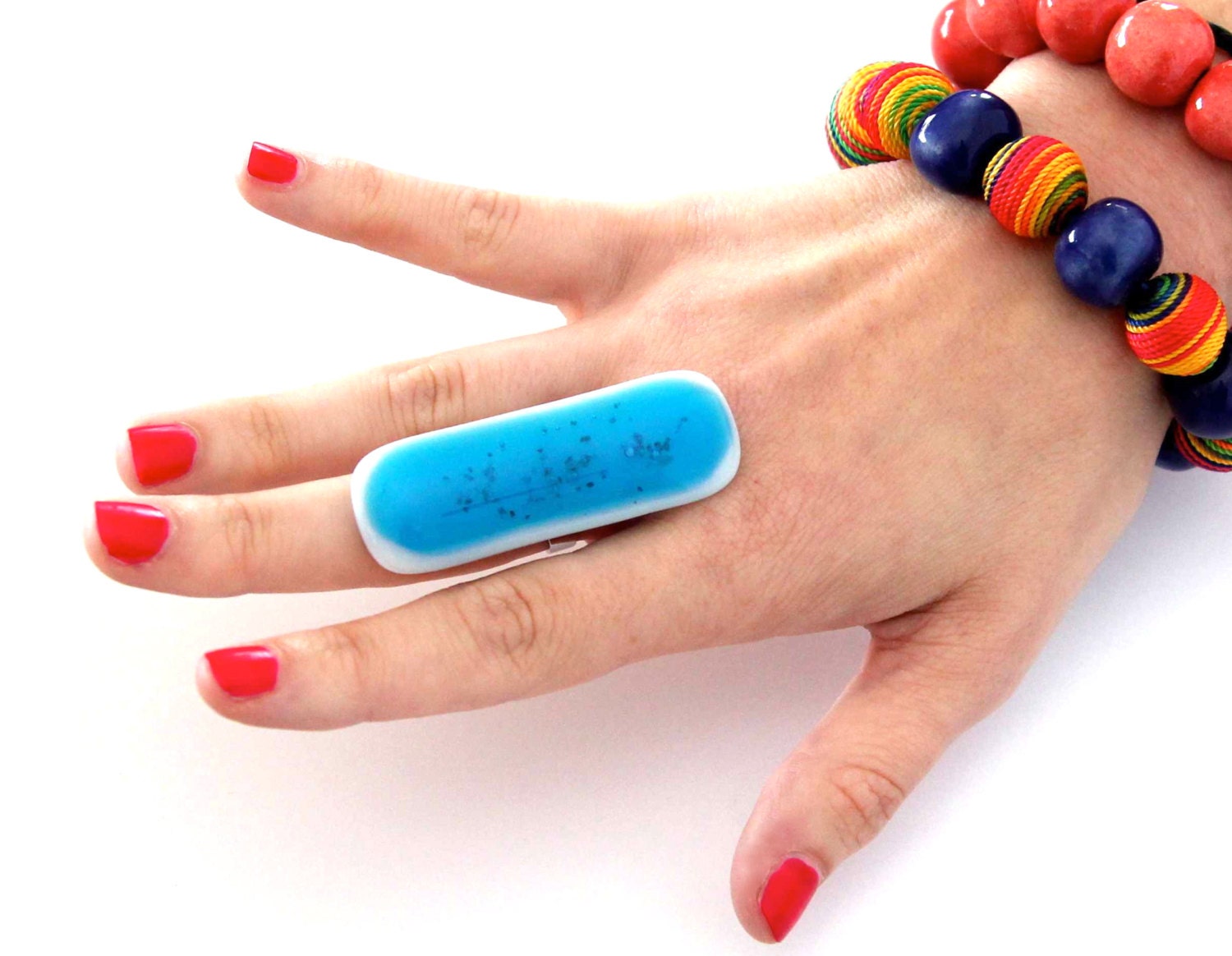 Glass Ring Adjustable -  big bold oversized handmade cocktail ring - AUSSIE SAND and SURF  - 2.3 inch