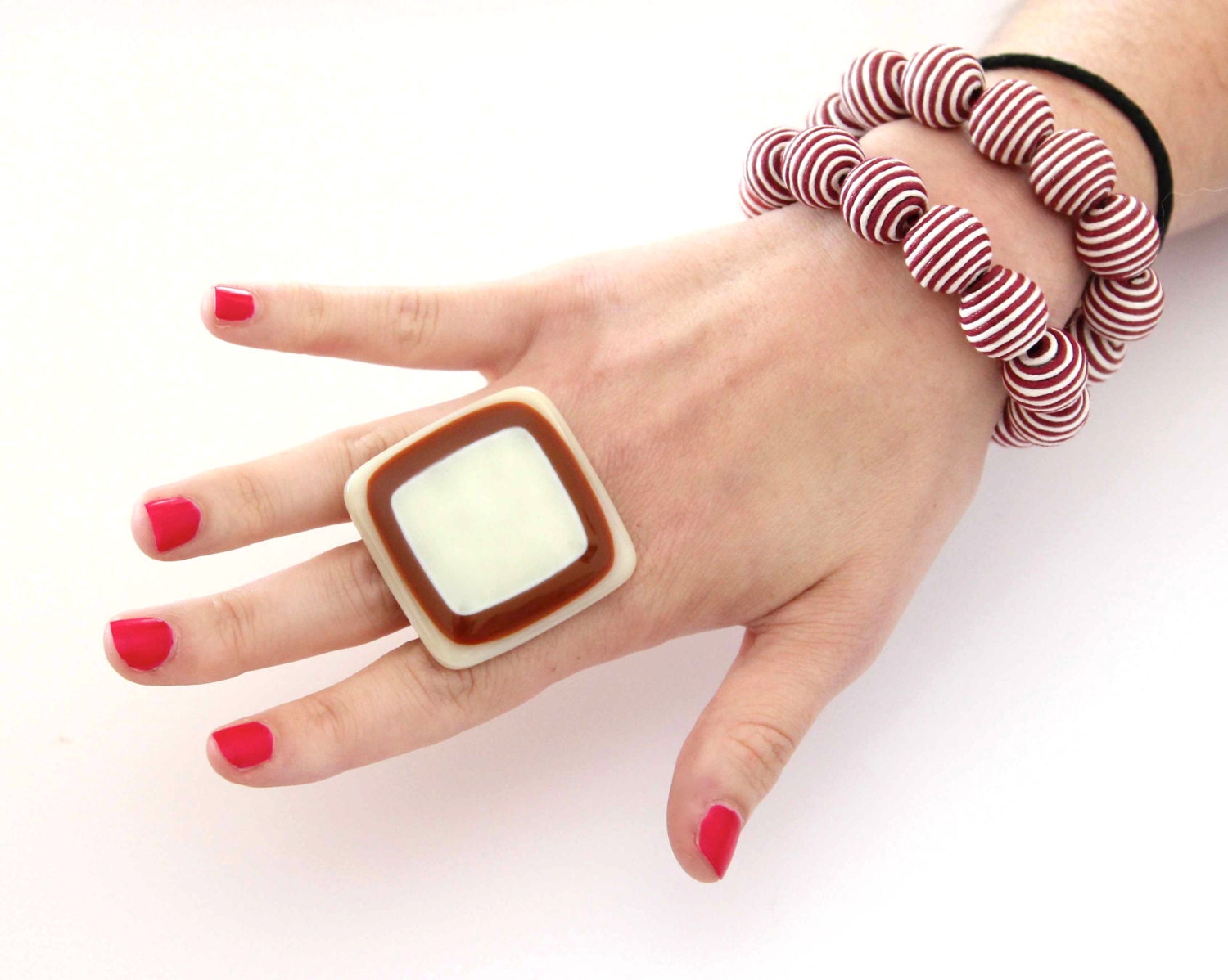 Glass Cocktail Ring Handmade - big bold statement cocktail ring -  CINNAMON and SPICE  - 1.8 inch
