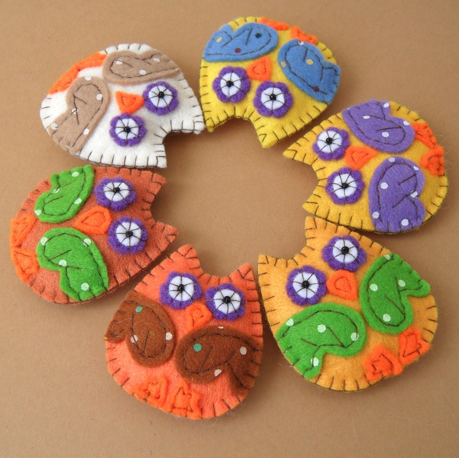 Owl Felt Brooch Pin Hairpin Hair Clip Ivory Yellow Orange