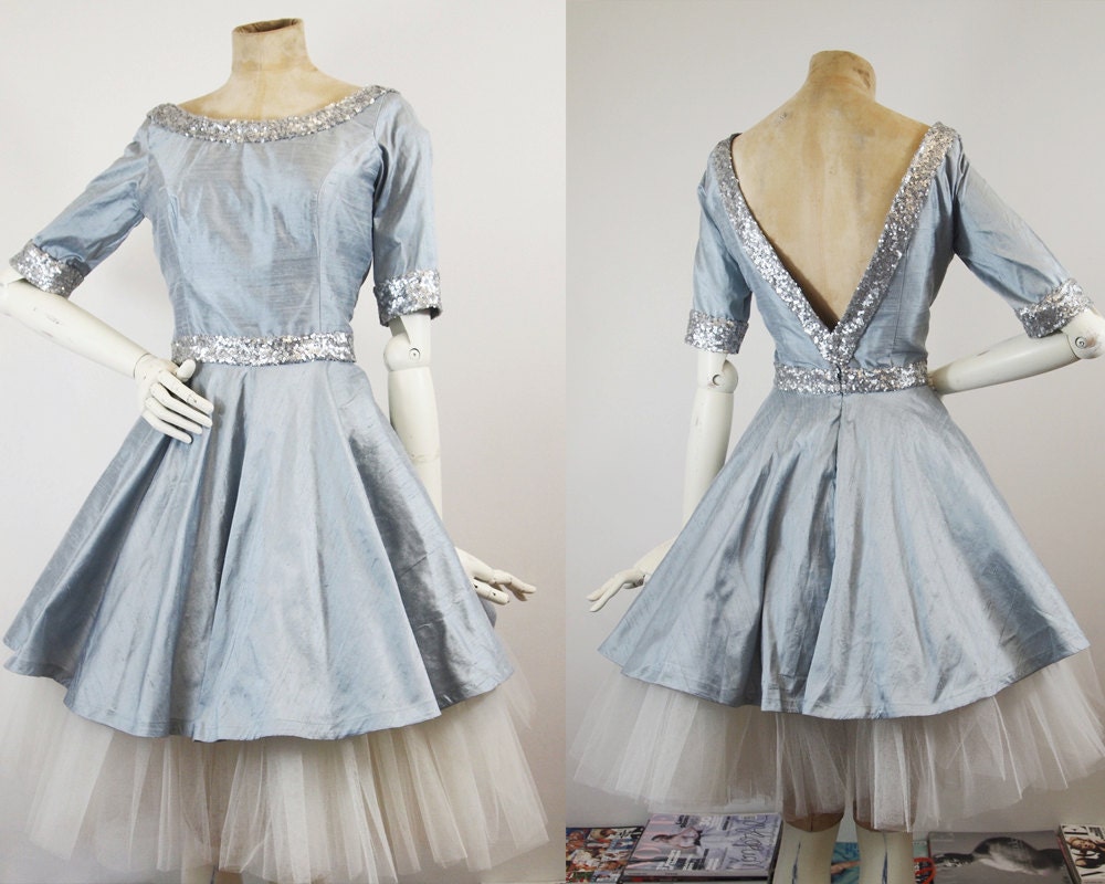 Pale Blue Silk Dress - Sequin Trim and Full Skirt - Made to Order