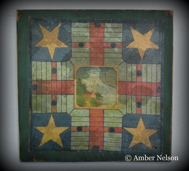 Primitive Fabric Antique Transfer on Wood landscape stars Game board Gameboard folk art