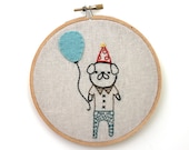 Preston the party pug - Hand embroidered wall art - Ready to ship