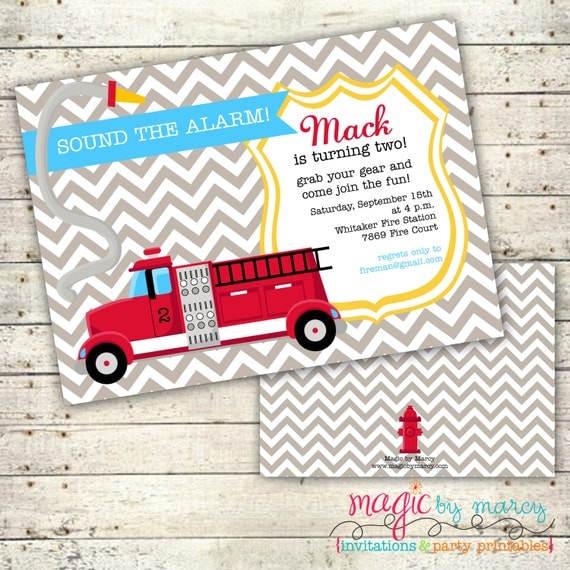 Digital Printable Doublesided Firetruck Birthday Invitations Il_570xn