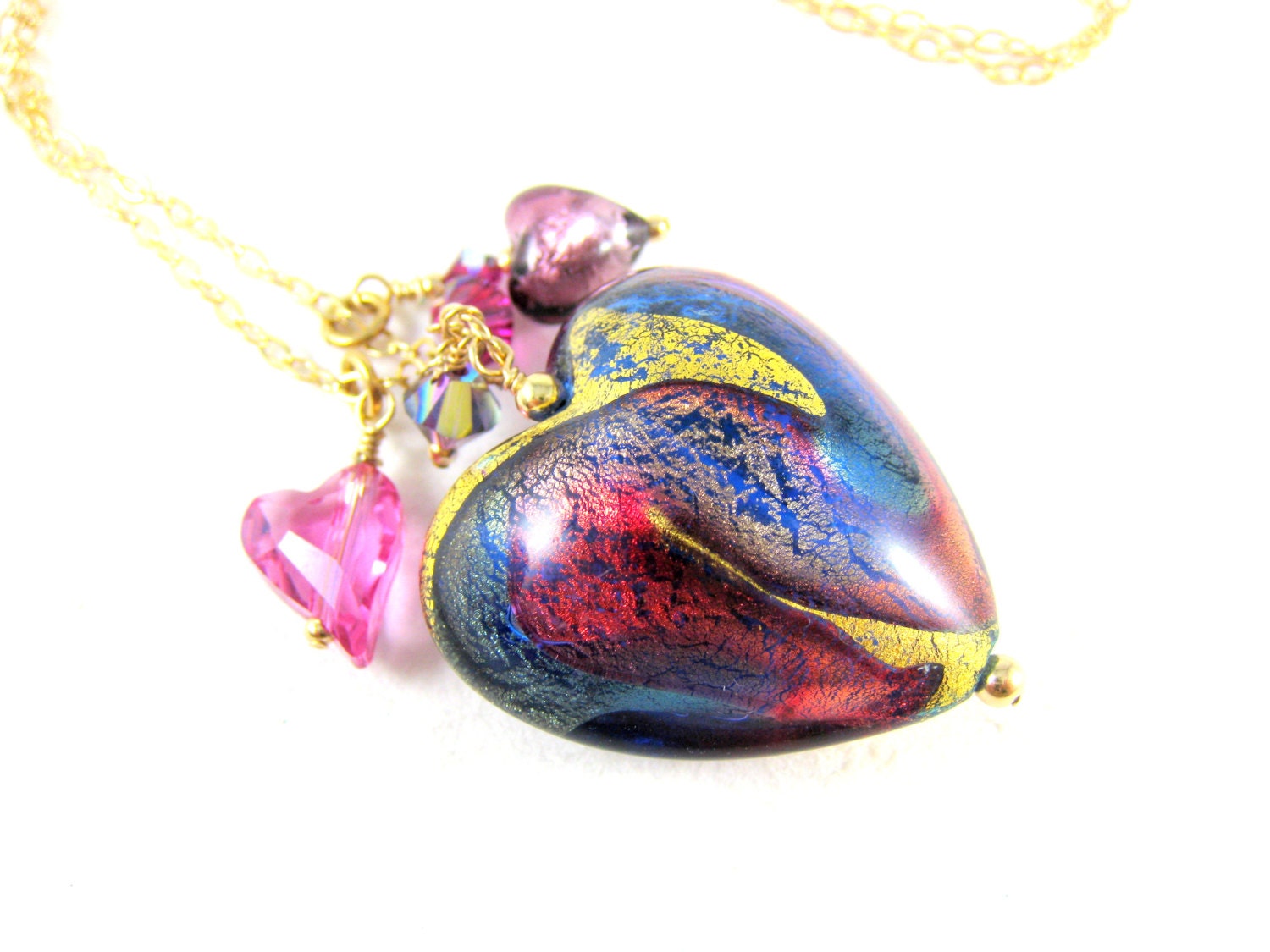 Purple Blue Pink Murano Glass Heart Necklace, Venetian Glass Necklace, Charm Necklace, Beadwork Necklace, Murano Jewelry - I Love You