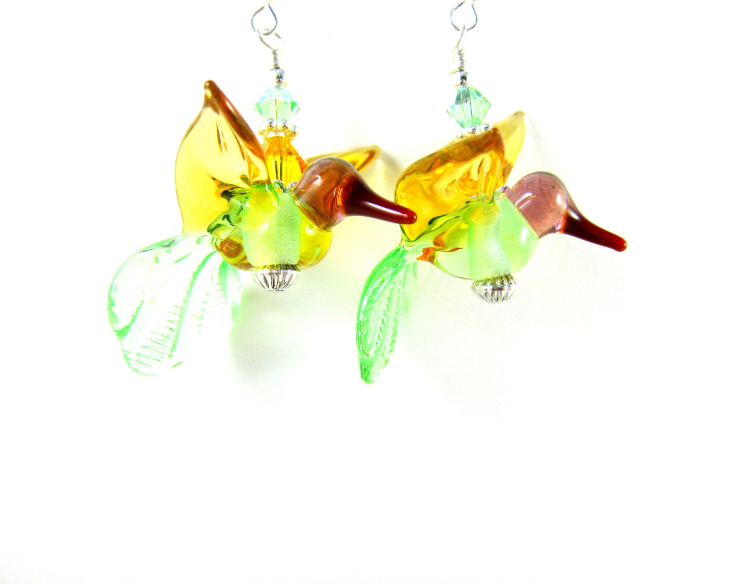 Hummingbird Earrings, Yellow Green Hummingbird Lampwork Earrings, Bird Earrings, Animal Dangle Earrings - Tropical Hummingbirds