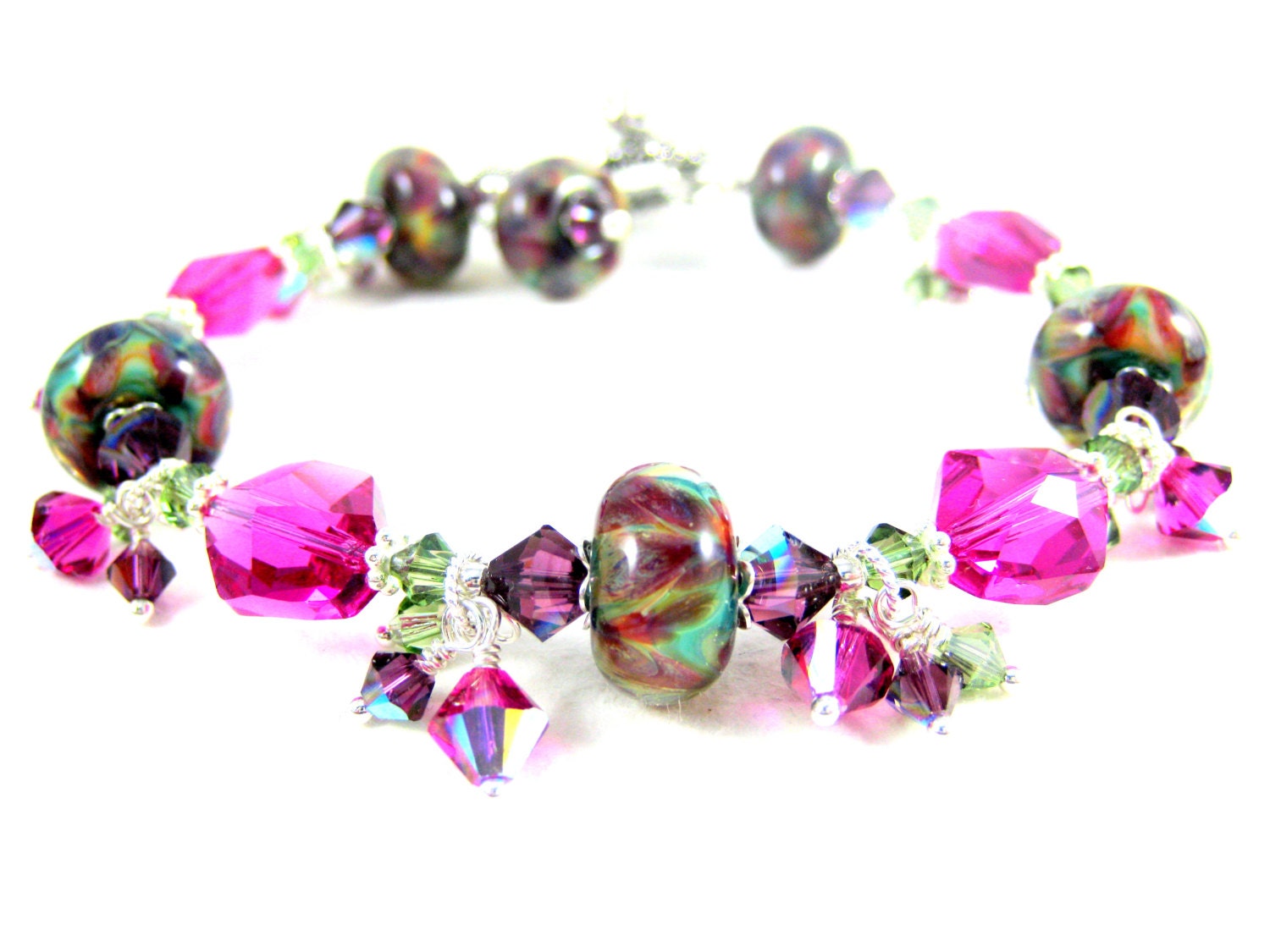 Pink Purple Boro Lampwork Bracelet, Bright Pink Purple Green Beadwork Bracelet, Colorful Glass Bead Bracelet - Fruity Pebbles