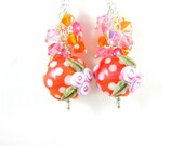 Orange Pink Beadwork Earrings, Floral Lampwork Earrings, Polka Dot Dangle Earrings, Crystal Cluster Earrings, Tropical Earrings - Orange Pop