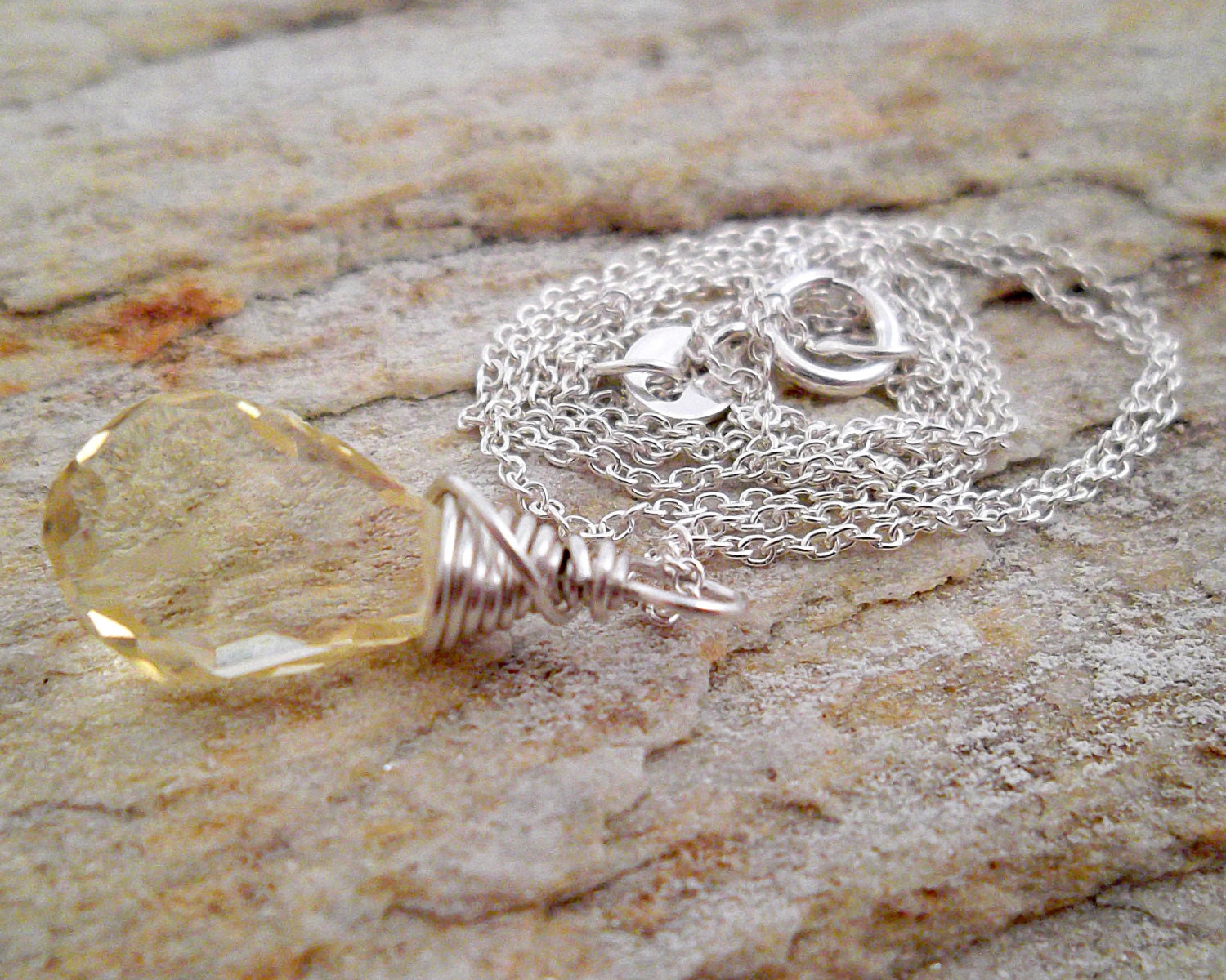 Yellow Citrine Crystal Teardrop Necklace, Wire Wrapped with Sterling Silver