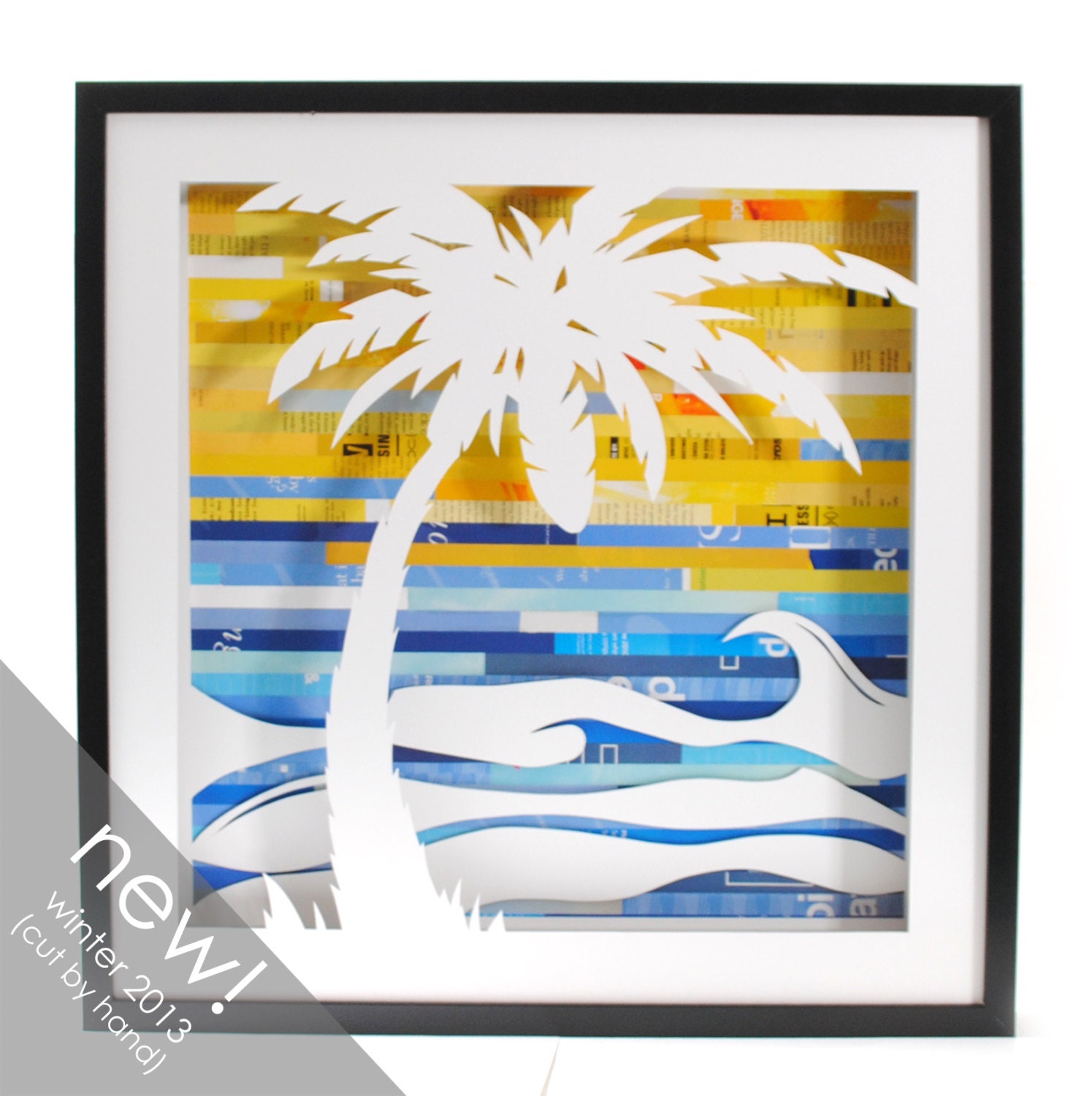 palm tree shadowbox - made from recycled magazines, beach, waves, summer, tropical
