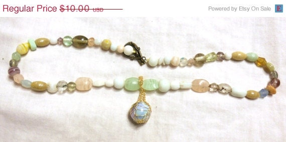 50% off Sale - Glass Beaded Necklace with Marble Pendant - Pearly