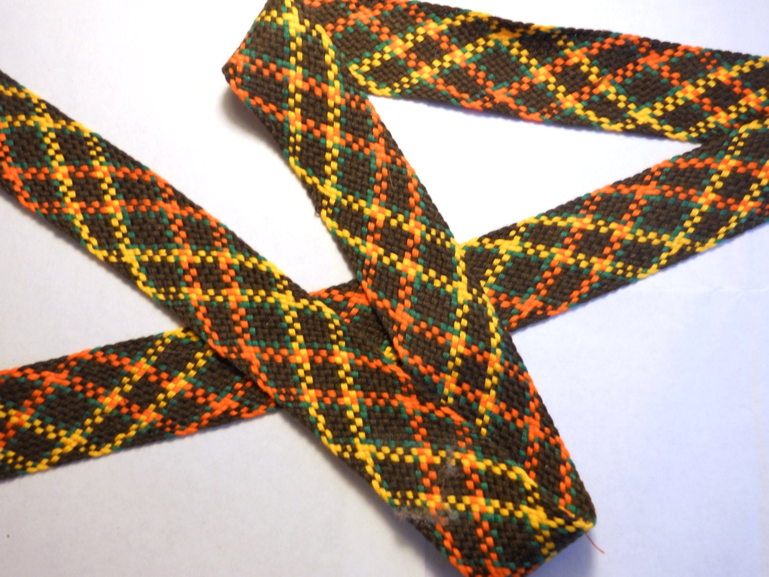 5 Yards Woven Trim - Brown, Orange, Yellow, Green Plaid