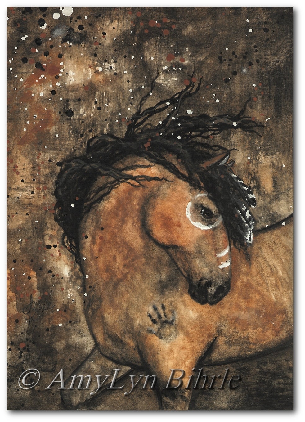 Majestic Mustang Bay Curly Horse Native American Feathers 60-  11x14 Print by AmyLyn Bihrle