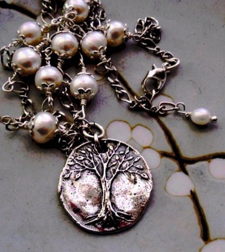Mothers Day Pearl Necklace Sterling Silver Necklace Tree of Life pendant Solid sterling silver adjustable fresh water pearls
