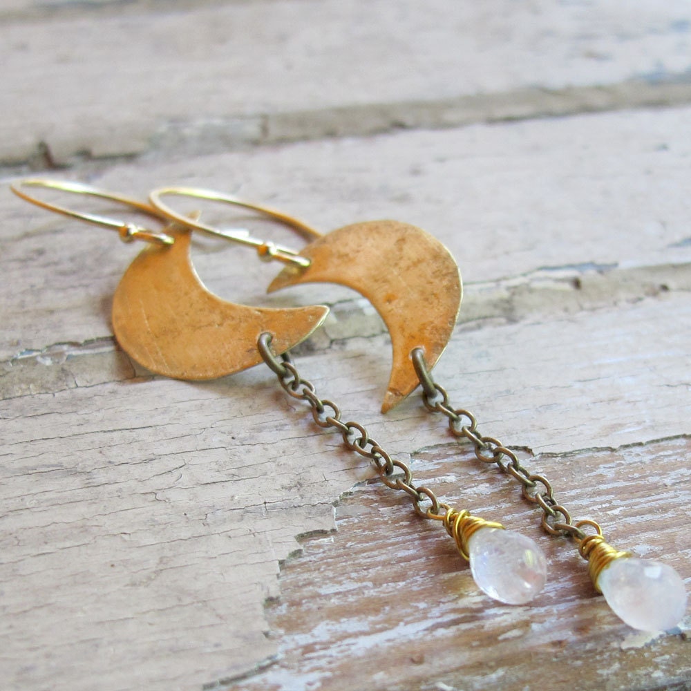 Moon In Your Hand - Hand crafted Brass earrings - Moonstone Earrings - Artisan Tangleweeds Jewelry