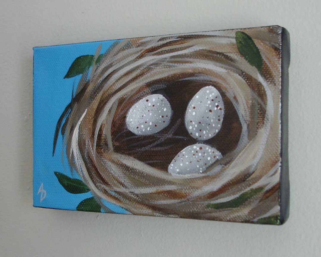 Bird Nest with Speckled Eggs, 4x6 original canvas painting