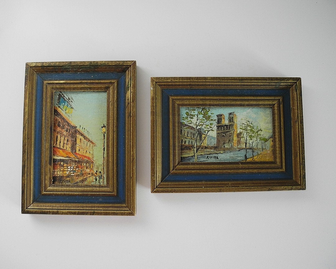 Cityscape Vintage Oil Painting, miniature framed canvas art, SET OF 2