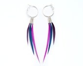 Bright Feather Earrings on Hoops in Hot Pink, Navy Blue and Aubergine Purple Interchangeable Style