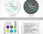 Wedding Stickers or tags // choose up to four different color schemes per order // Design- Scripted Mr and Mrs, Quantity- 44