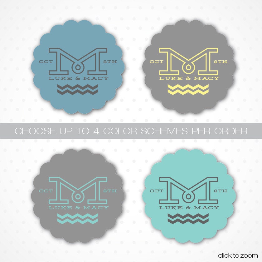 Wedding Stickers or tags // choose up to four different color schemes per order // Design- Mod Last Initial, Chevron, Quantity- 44