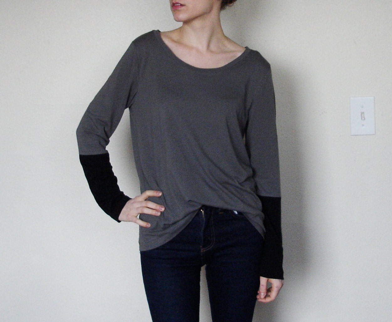 Colorblock Scoopneck T Shirt Gray Small