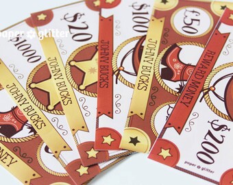 Cowboy or Cowgirl Western Party Paper Toy Money or Gift Certificate Printables - Editable Text PDF-You type in the text to personalize