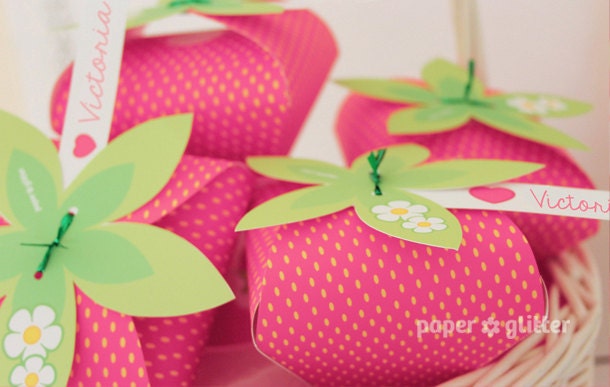 Strawberry Paper favor party box printables  - PINK COLOR Editable Text Printable PDF