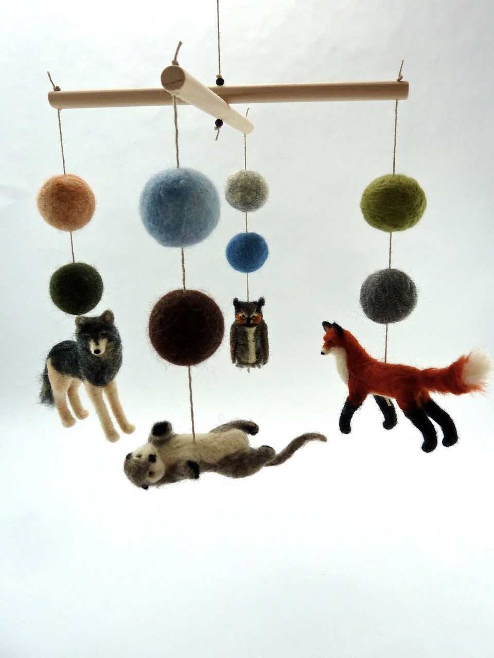 Pacific Northwest Mobile, Baby Mobile, Great Horned Owl, Otter, Red Fox, Wolf, nature colors