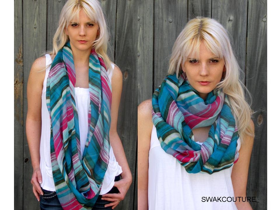 Cotton Sheer Aztec Stripe Infinity Scarf, Mulitcolor Eternity Scarf - Pink, Turquoise Blue OR Choose Your color
