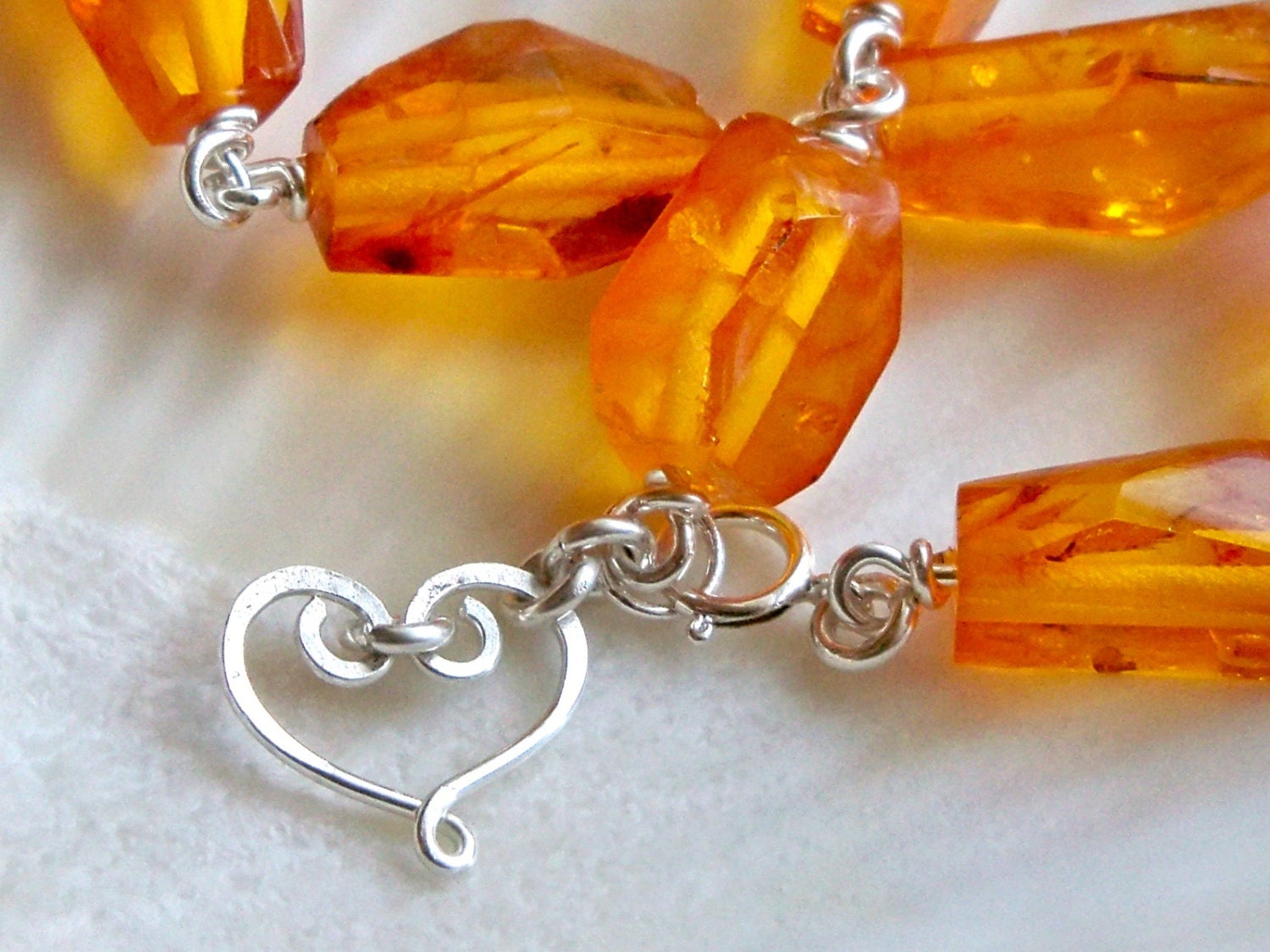 Golden genuine amber bright sterling silver heart bracelet - Valentines Day jewel tone - handmade gemstone wire wrapped jewelry