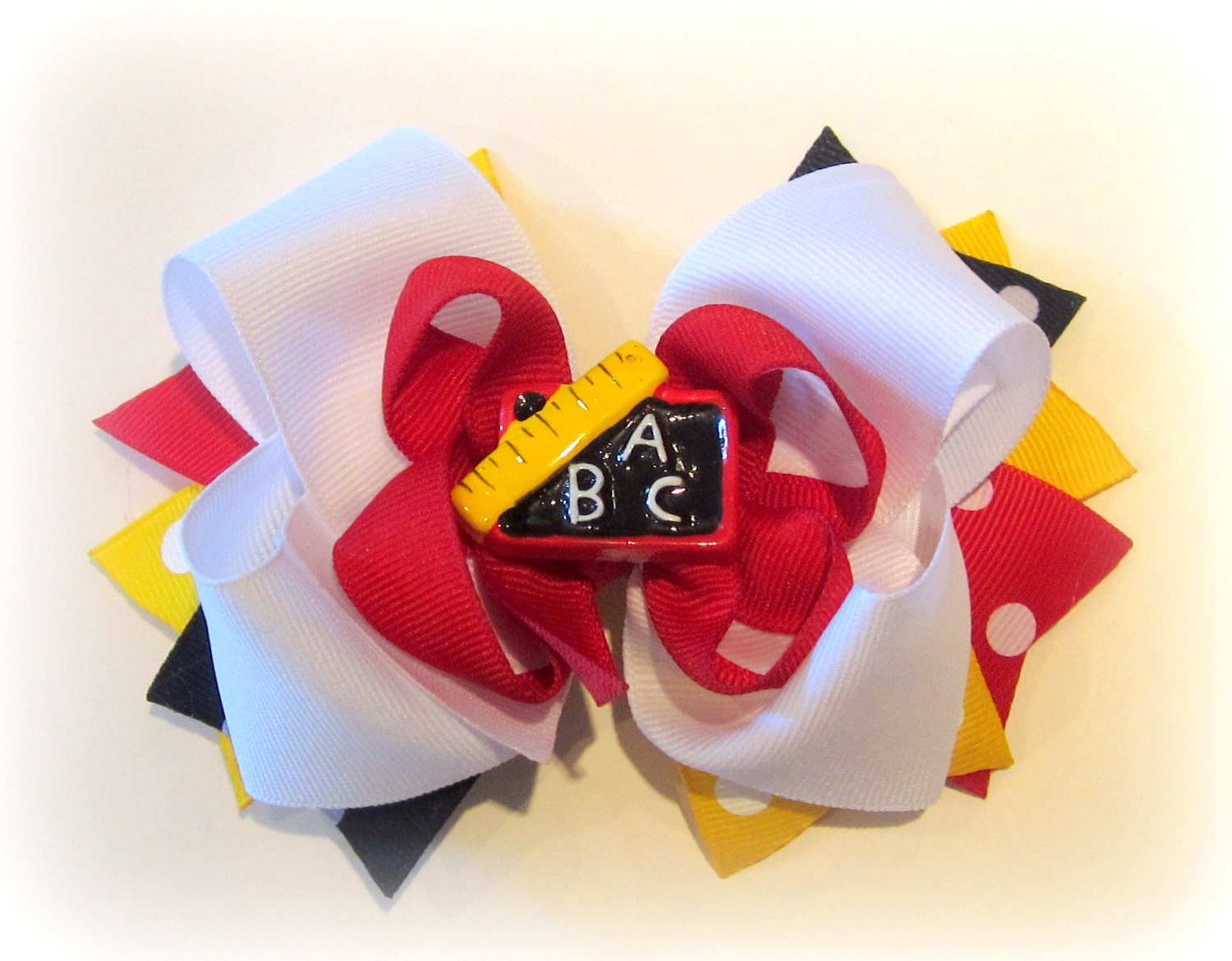 Back to School ABC Chalkboard Boutique Hair Bow 3 Layers of Ribbon and Spikes Red White Black Dots
