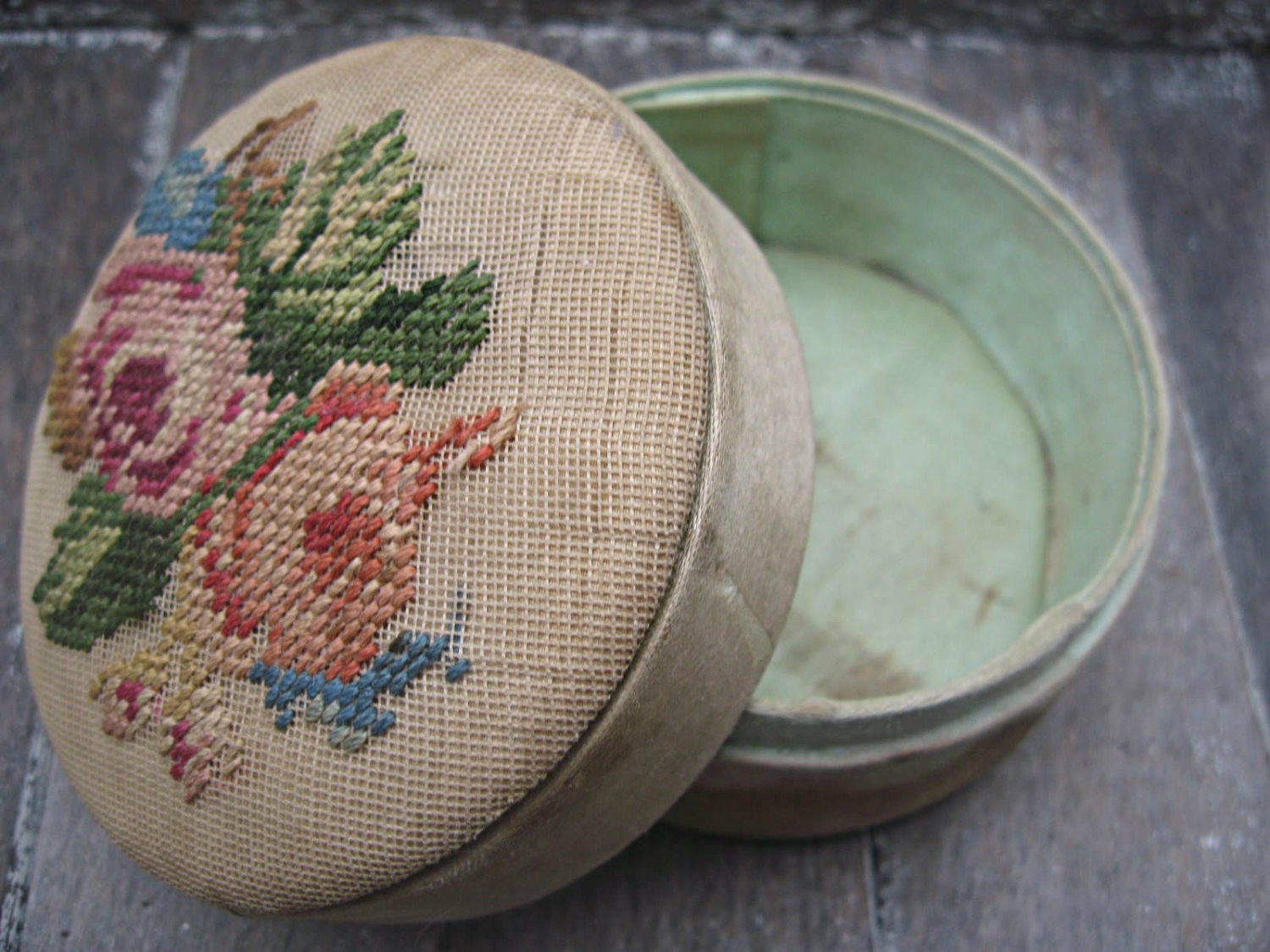 Vintage boudoir/jewelry box, needlepoint top, silk lining, shabby splendor