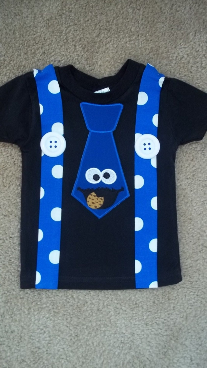Blue Monster that Loves Cookies in Black Tie and Suspenders Shirt