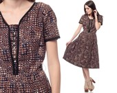 50s Day Dress Brown Dot Print Button Up Pleated 60s Mad Men Tea Length Cotton Short Sleeve Vintage Batik 1950s Geometric Dress Small