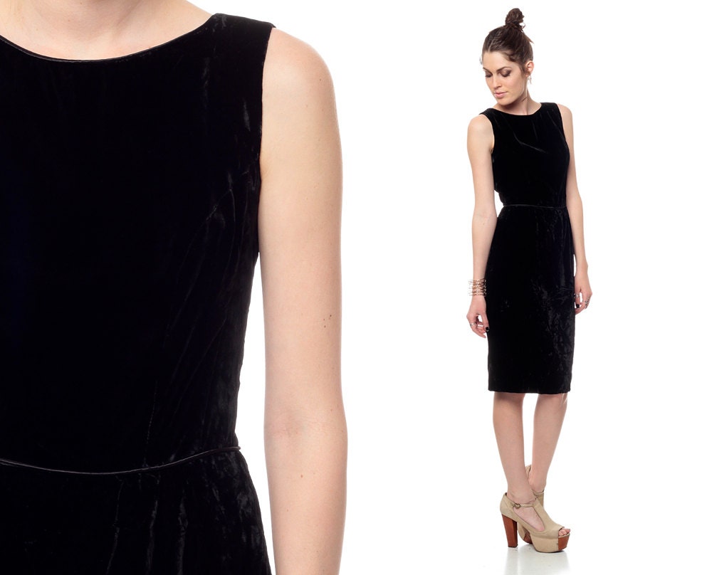 Black VELVET Dress 50s WIGGLE Cocktail 60s Mad Men Hourglass 1950s Fitted Formal 1960s Party Evening Sleeveless Classic Extra Small XS