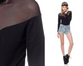 Black MESH Bodysuit Top 80s Sheer FUTURISTIC Glam Long Sleeve 1980s Blouse Vintage V Neck Gothic Sexy Stretchy Fitted Goth Small Medium