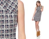 60s Mod Dress Red White Blue CHECKERED Print 1960s Shift POCKET Vintage Sixties Cotton Sleeveless Navy Gogo Twiggy Dress Large