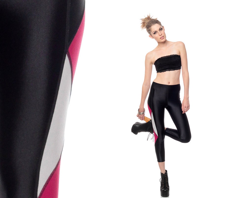 Spandex Leggings 90s Geometric Black Shiny Tights Pants High Waisted 1990s Stretchy Cigarette Vintage Skinny Ankle Extra Small XS S