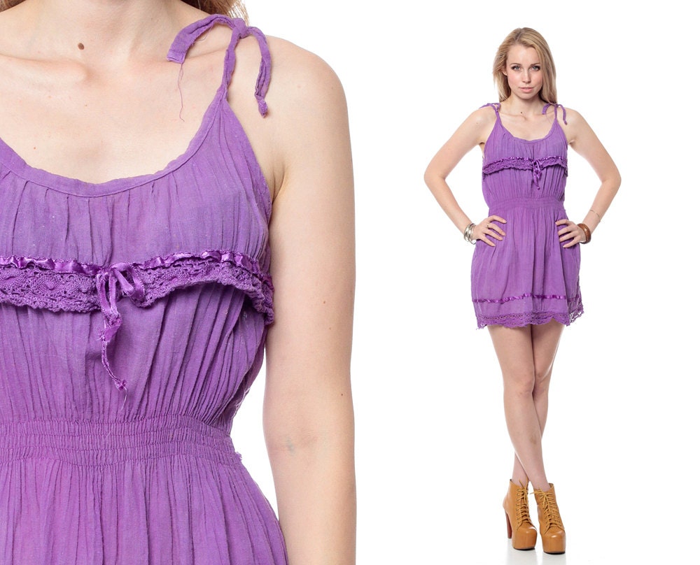 Cotton Sun Dress 70s Mini Crochet GAUZE Purple Hippie Boho Lace Ruffle 1970s Bohemian Vintage Summer Grecian Sundress Small Medium
