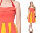 70s Halter Dress Striped Carnival Smocked 1970s Sun Cotton Graphic Rockabilly Pin Up Vintage Midi Yellow Red Boho Sundress Extra Small XS