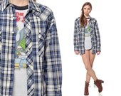 Wrangler Shirt 80s Blue Plaid Pearl Snap Button Up Top 1980s Vintage White Cotton Hipster Checkered Women Men Oversized Small Medium Large