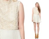 70s Lace Dress Cream CROCHET Mini PLEATED Boho 1970s Party High Collar Cocktail Vintage Seventies Bohemian Wedding Formal Medium Large