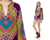 PSYCHEDELIC Blouse 70s Tunic Top HIPPIE Bell Sleeve Jewel Tone 1970s Bohemian Vintage Purple Boho Geometric Print Shirt Extra Small Medium