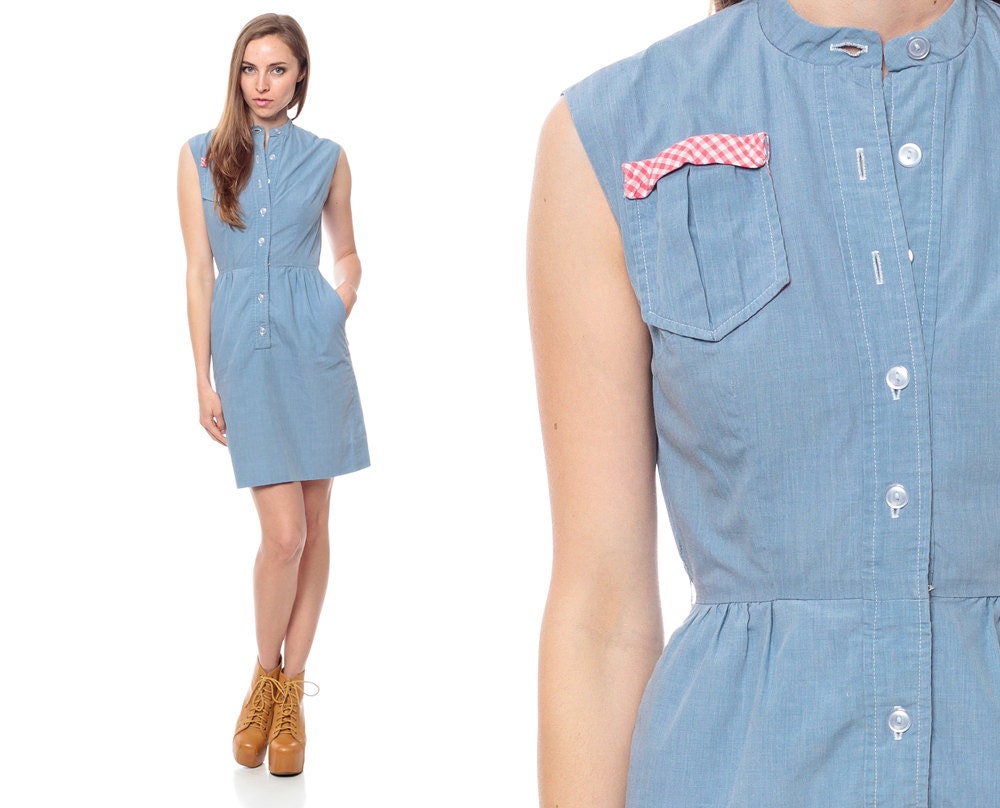 CHAMBRAY Dress 60s Mini Western Denim Button Up HIPSTER 1960s Day Gingham Chest Pocket Vintage Sleeveless Shirtdress Sheath Extra Small s xs