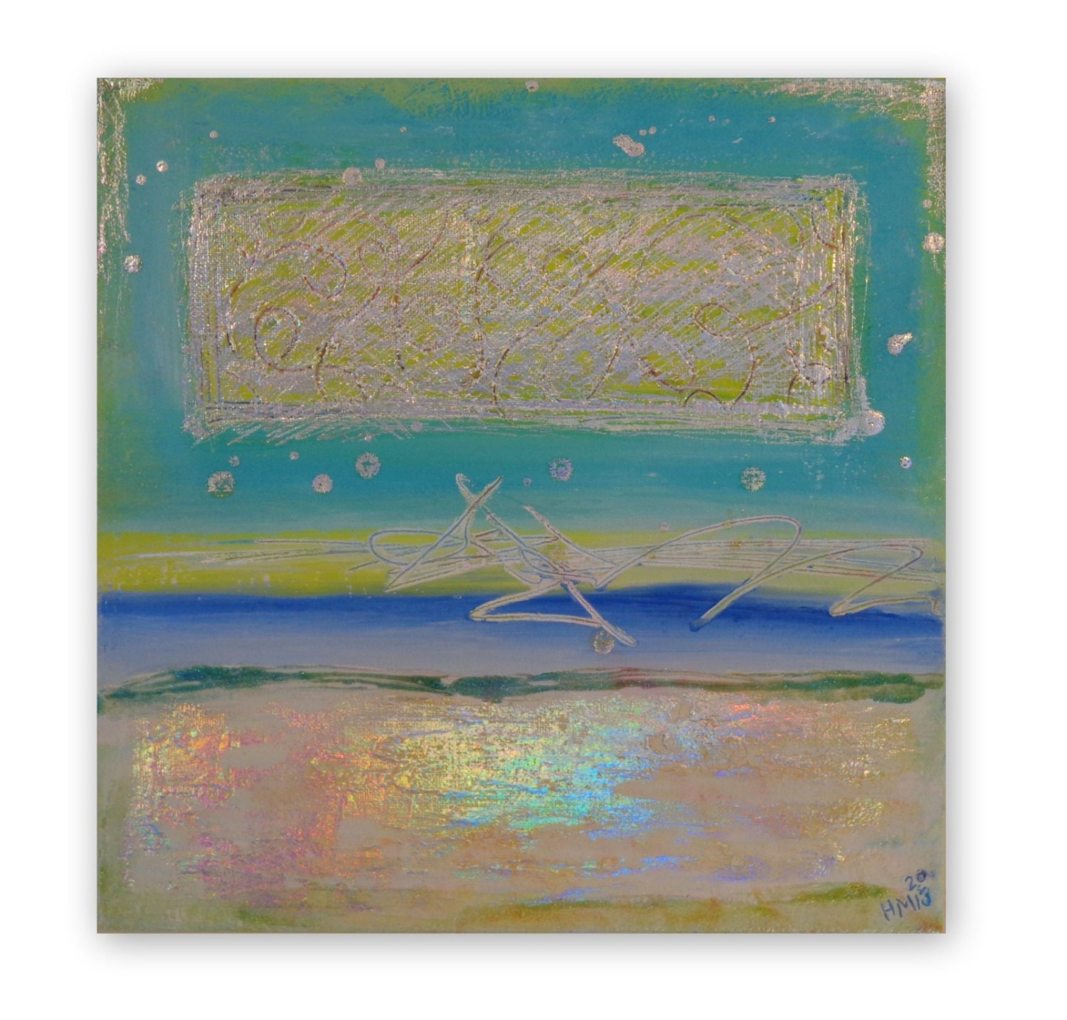 Abstract Original Painting 12x12 Textured Foiled Acrylic Blue Green Yellow Heather Montgomery Art