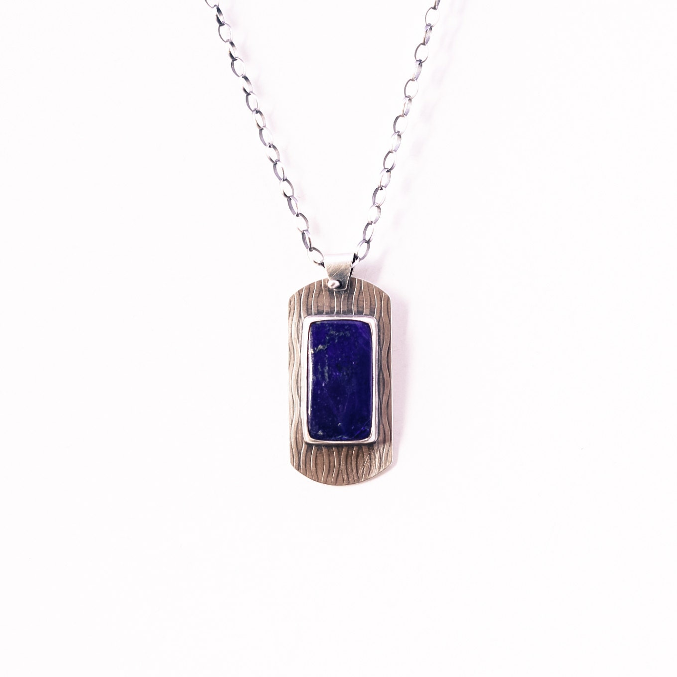 Lapis lazuli necklace handmade with a prominent rectangular piece of this deep blue stone set in silver - ONE OF A KIND - "Lapis Necklace"