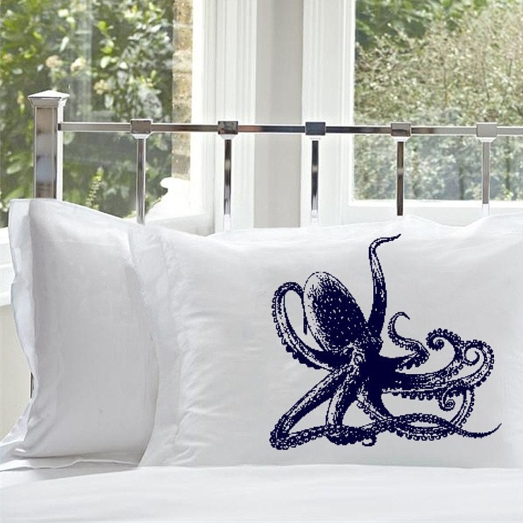 Two (2 for 20 dollars) Navy Blue Octopus Pillowcase standard covers pillowcases Pillow case navy sailor decor room bedding bedroom