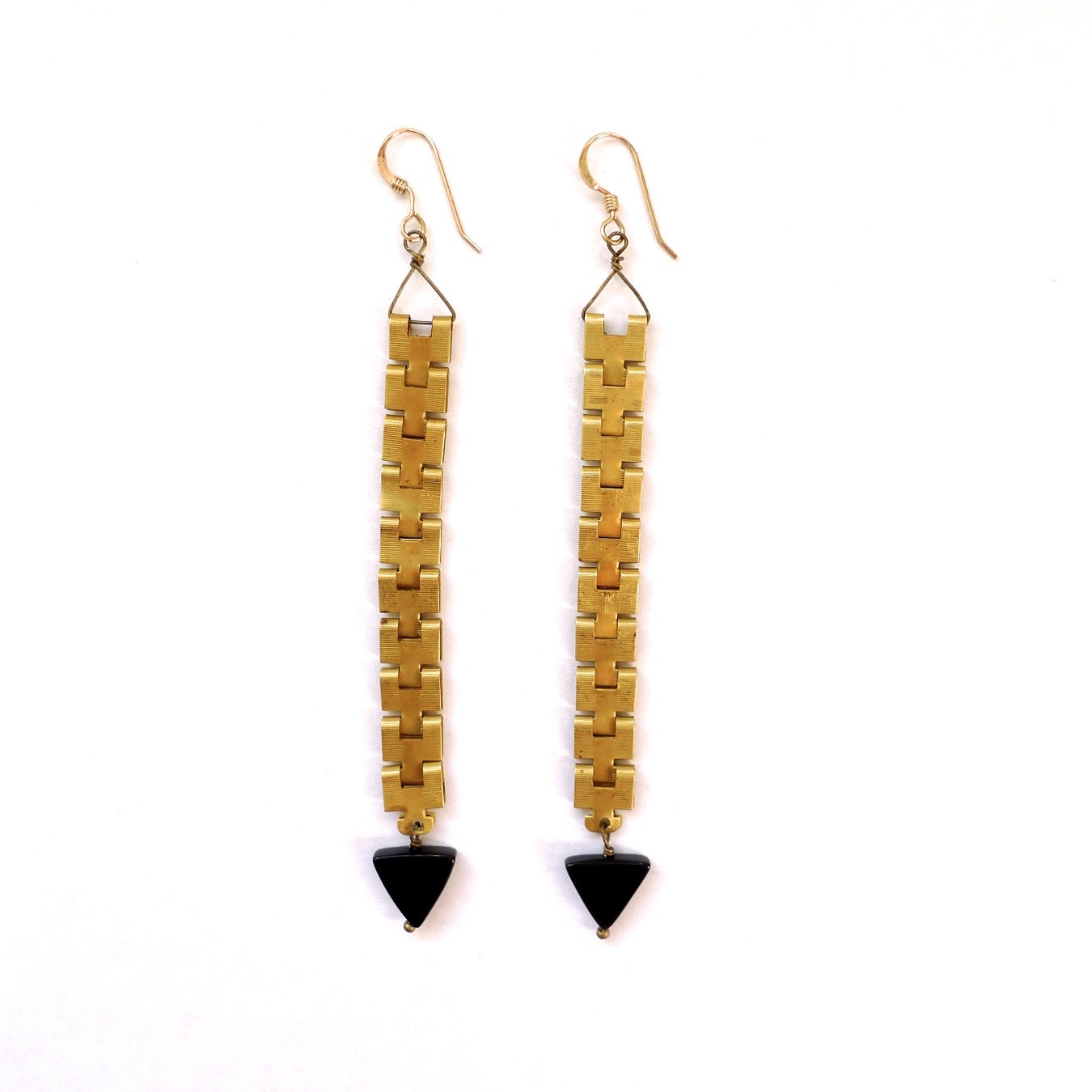 long skinny chain earrings with black triangle bead